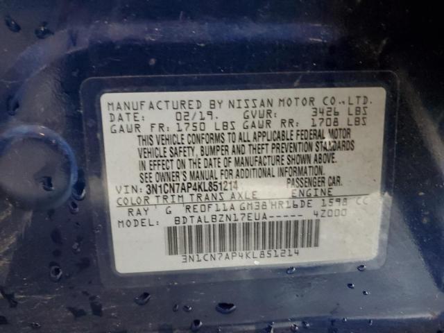 3N1CN7AP4KL851214 - 2019 NISSAN VERSA S BLUE photo 10