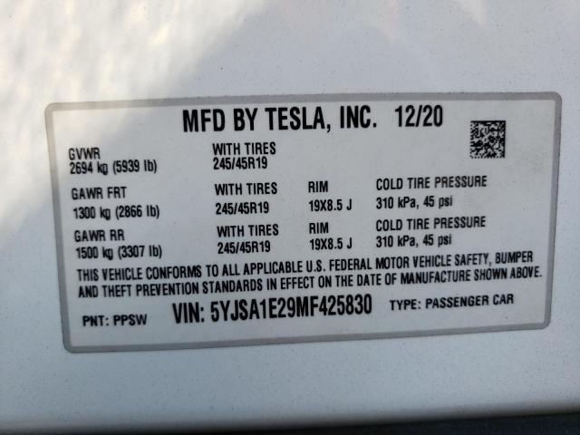 5YJSA1E29MF425830 - 2021 TESLA MODEL S Սպիտակ լուսանկար 10