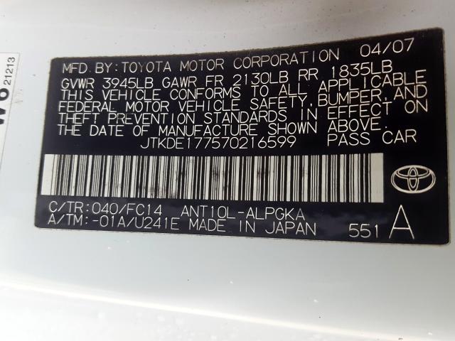 JTKDE177570216599 - 2007 SCION TC WHITE photo 10