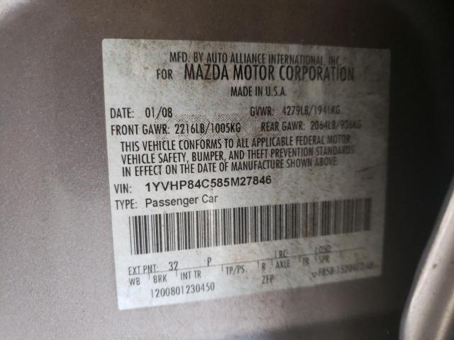 1YVHP84C585M27846 - 2008 MAZDA 6 I SILVER photo 10