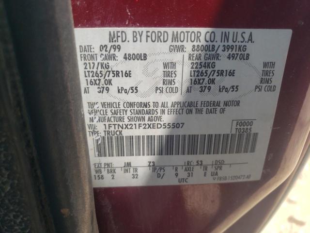 1FTNX21F2XED55507 - 1999 FORD F250 SUPER BURGUNDY photo 10