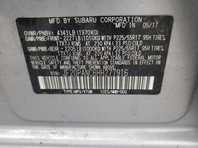 JF2GPANC6HH277916 - 2017 SUBARU CROSSTREK SILVER photo 10