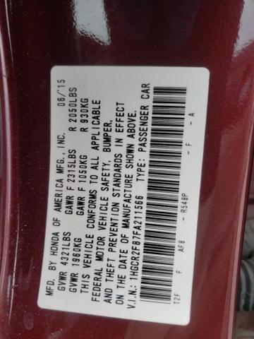 1HGCR2F87FA211566 - 2015 HONDA ACCORD EXL RED photo 10