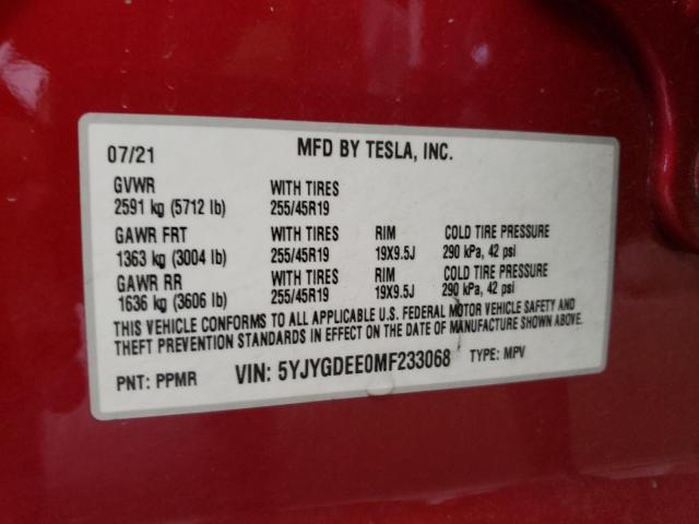 5YJYGDEE0MF233068 - 2021 TESLA MODEL Y  фото 10
