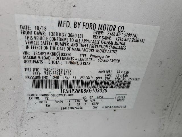 1FAHP2MK8KG103320 - 2019 FORD TAURUS POL WHITE photo 10