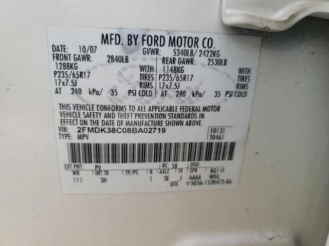 2FMDK38C08BA02719 - 2008 FORD EDGE SEL BEIGE photo 10