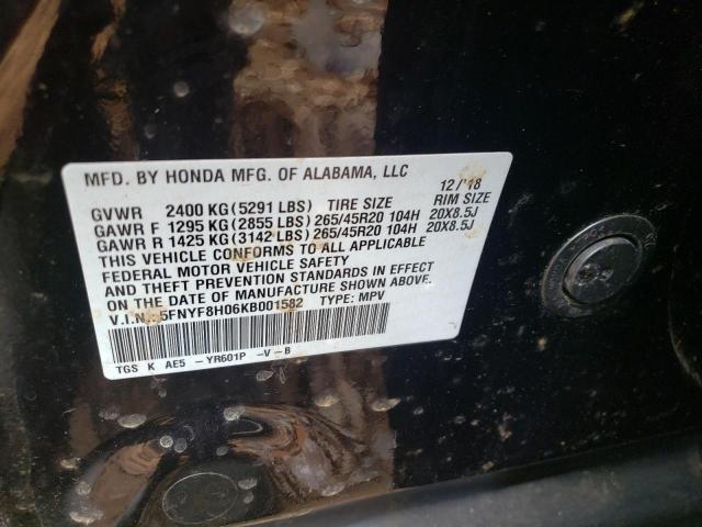 5FNYF8H06KB001582 - 2019 HONDA PASSPORT E 黑色 照片 10