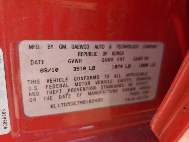 KL1TD5DE7AB102493 - 2010 CHEVROLET AVEO LS 红色 照片 10