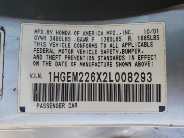 1HGEM226X2L008293 - 2002 HONDA CIVIC DX SILVER photo 10