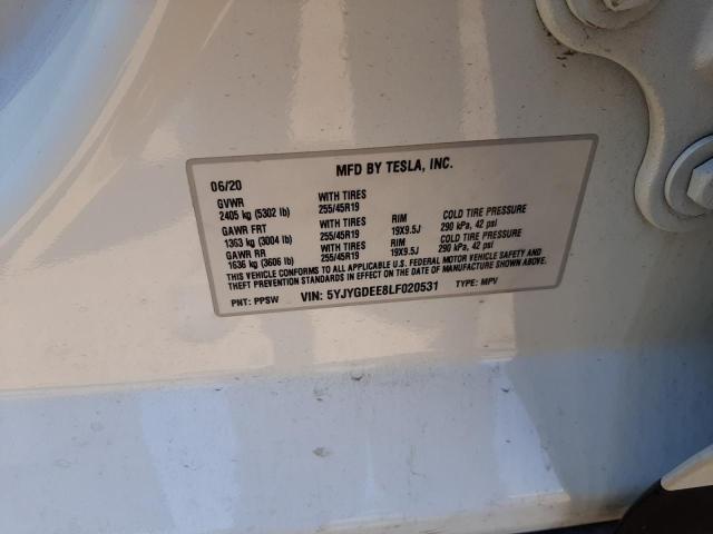 5YJYGDEE8LF020531 - 2020 TESLA MODEL Y Blanc photo 10
