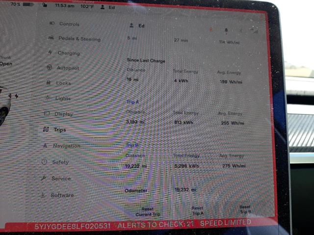 5YJYGDEE8LF020531 - 2020 TESLA MODEL Y Blanc photo 8