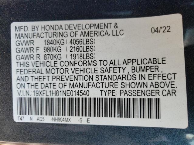 19XFL1H81NE014540 - 2022 HONDA CIVIC SPOR 灰色 照片 10