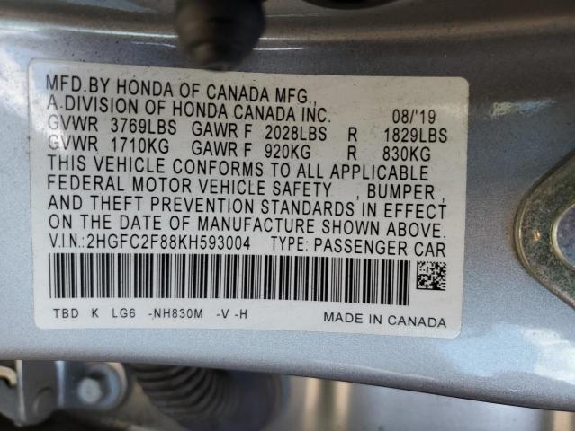 2HGFC2F88KH593004 - 2019 HONDA CIVIC SPOR SILVER photo 10