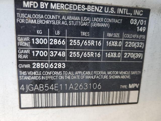 4JGAB54E11A263106 - 2001 MERCEDES-BENZ ML 320 WHITE photo 10