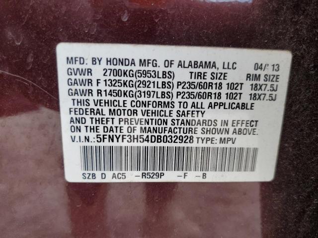 5FNYF3H54DB032928 - 2013 HONDA PILOT EXL BURGUNDY photo 10