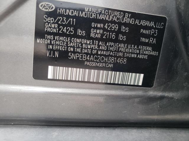 5NPEB4AC2CH381468 - 2012 HYUNDAI SONATA GLS GRAY photo 10