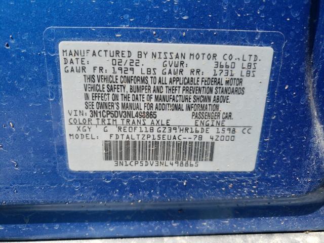 3N1CP5DV3NL498865 - 2022 NISSAN KICKS SR BLUE photo 10