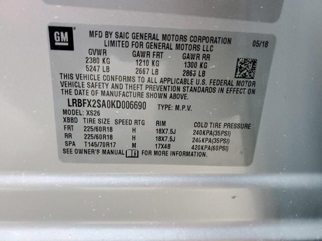 LRBFX2SA0KD006690 - 2019 BUICK ENVISION E SILVER photo 10