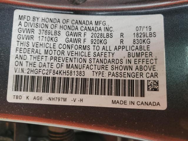 2HGFC2F84KH581383 - 2019 HONDA CIVIC SPOR GRAY photo 10