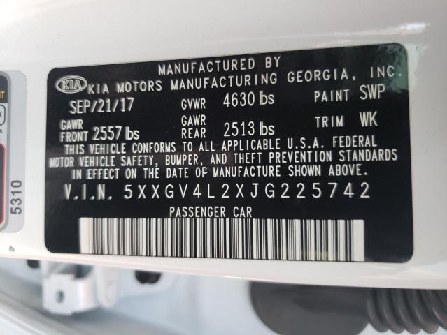 5XXGV4L2XJG225742 - 2018 KIA OPTIMA SXL WHITE photo 10