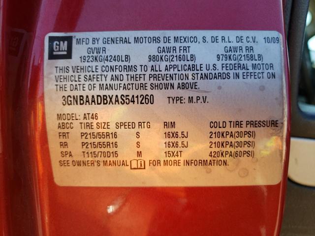 3GNBAADBXAS541260 - 2010 CHEVROLET HHR LS BURGUNDY photo 10