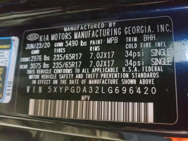 5XYPGDA32LG696420 - 2020 KIA SORENTO L BLUE photo 10