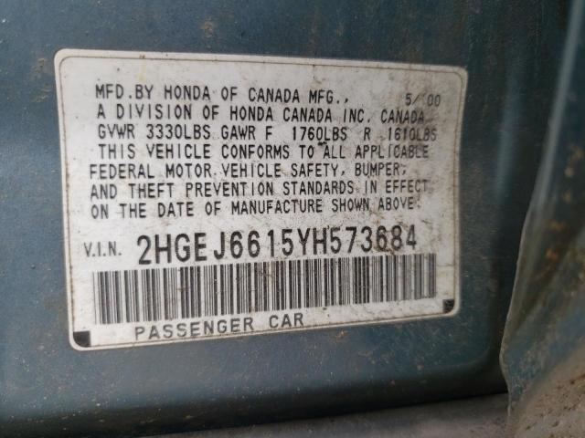 2HGEJ6615YH573684 - 2000 HONDA CIVIC BASE BLUE photo 10