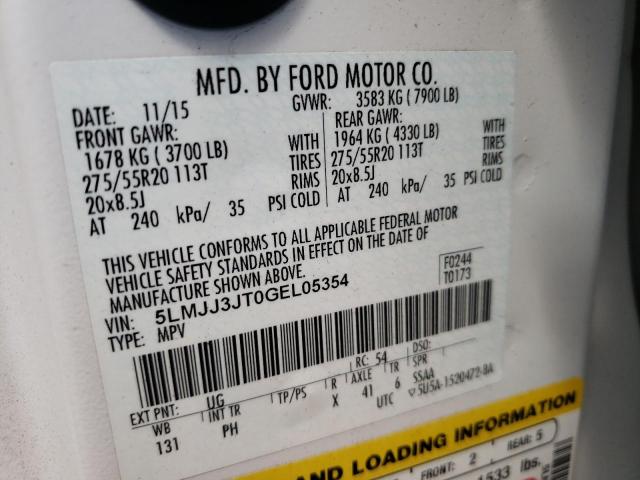 5LMJJ3JT0GEL05354 - 2016 LINCOLN NAVIGATOR 白色 照片 10