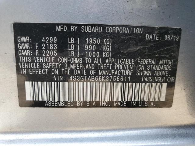 4S3GTAB66K3756611 - 2019 SUBARU IMPREZA SILVER photo 10