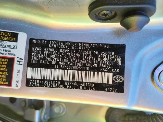 4T1BK1EB7HU251116 - 2017 TOYOTA AVALON XLE SILVER photo 10