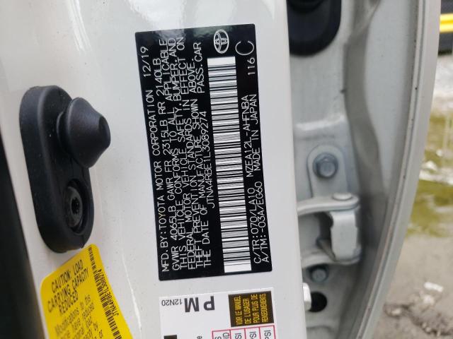 JTNA4RBE1L3089274 - 2020 TOYOTA COROLLA XS WHITE photo 10