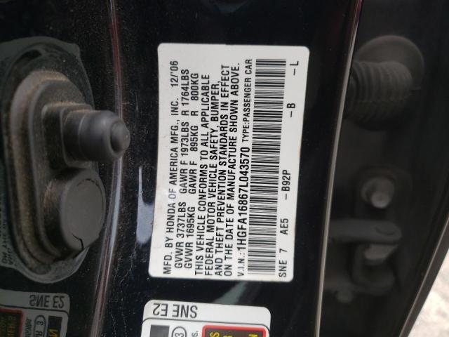 1HGFA16867L043570 - 2007 HONDA CIVIC EX  photo 10