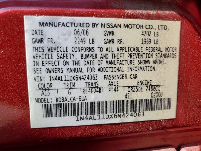 1N4AL11DX6N424063 - 2006 NISSAN ALTIMA BURGUNDY photo 10