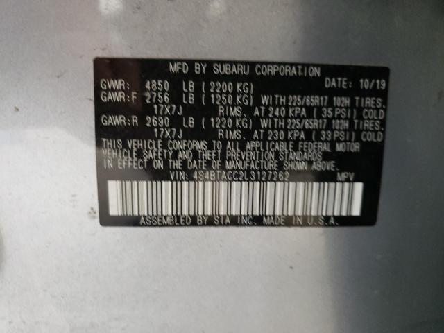 4S4BTACC2L3127262 - 2020 SUBARU OUTBACK PR SILVER photo 10