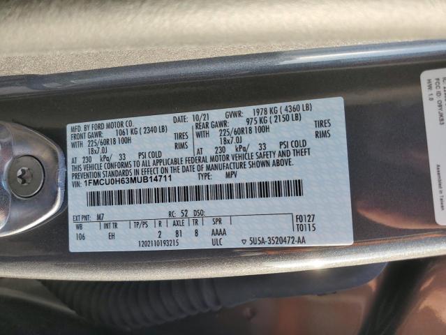 1FMCU0H63MUB14711 - 2021 FORD ESCAPE SEL GRAY photo 10