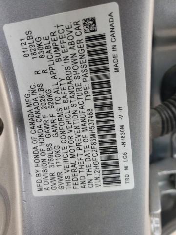 2HGFC2F83MH537488 - 2021 HONDA CIVIC SPOR SILVER photo 10