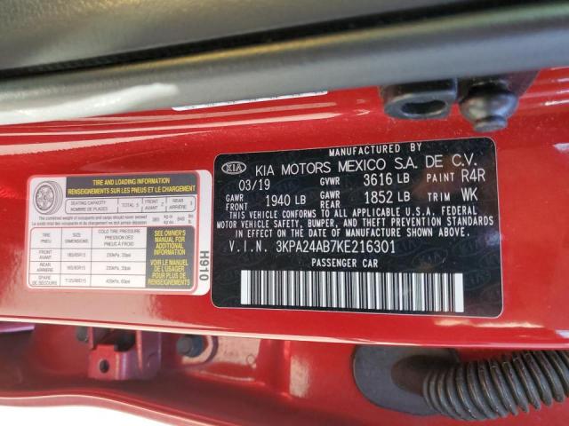 3KPA24AB7KE216301 - 2019 KIA RIO S RED photo 10