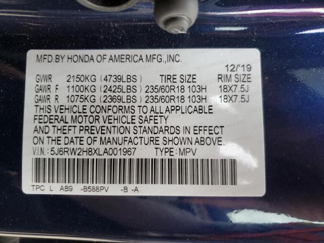 5J6RW2H8XLA001967 - 2020 HONDA CR-V EXL BLUE photo 10