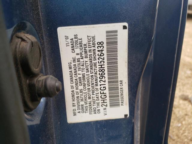 2HGFG12968H526438 - 2008 HONDA CIVIC EXL Mavi foto 10