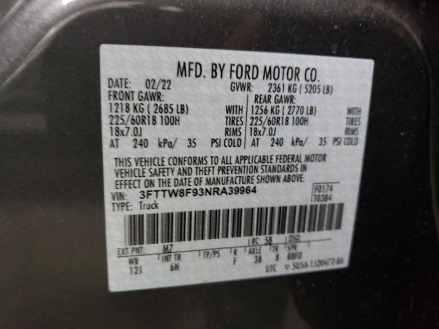 3FTTW8F93NRA39964 - 2022 FORD MAVERICK X GRAY photo 10