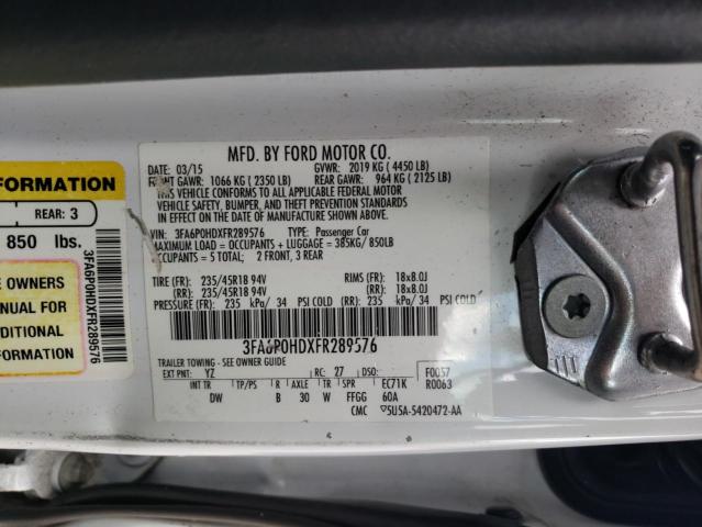 3FA6P0HDXFR289576 - 2015 FORD FUSION WHITE photo 10