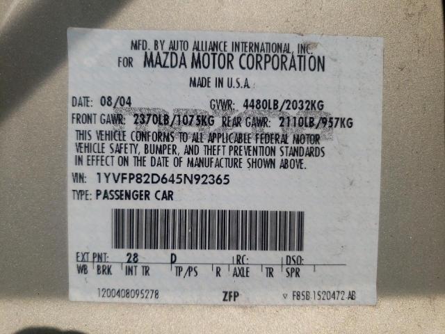 1YVFP82D645N92365 - 2004 MAZDA 6 S CREAM photo 10