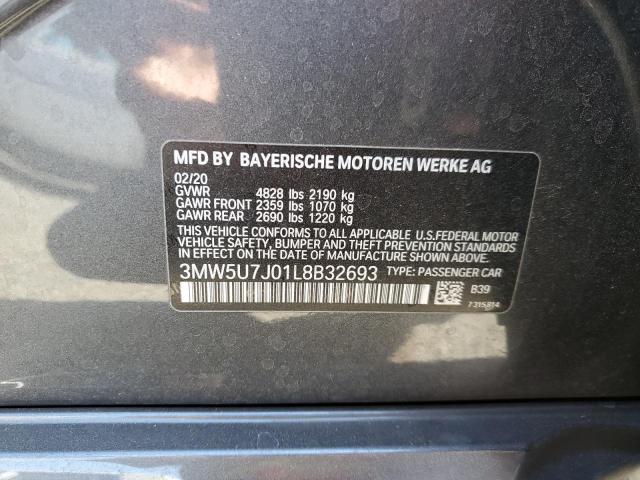 3MW5U7J01L8B32693 - 2020 BMW M340I GRAY photo 10