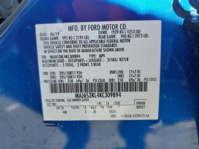 MAJ6S3KL4KC309894 - 2019 FORD ECOSPORT T BLUE photo 10