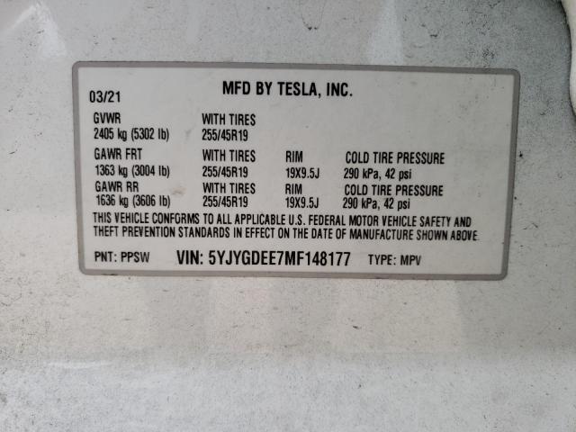 5YJYGDEE7MF148177 - 2021 TESLA MODEL Y أبيض صورة 10