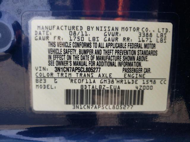 3N1CN7AP5CL805277 - 2012 NISSAN VERSA S  photo 10