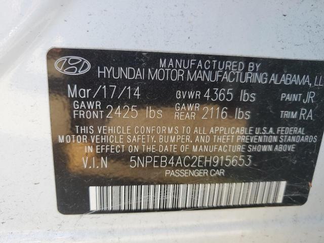 5NPEB4AC2EH915653 - 2014 HYUNDAI SONATA GLS WHITE photo 10