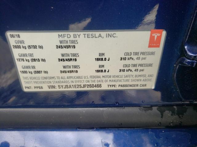 5YJSA1E25JF260466 - 2018 TESLA MODEL S Կապույտ լուսանկար 10