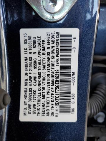 19XFC1F75GE016319 - 2016 HONDA CIVIC EXL Boz foto 10