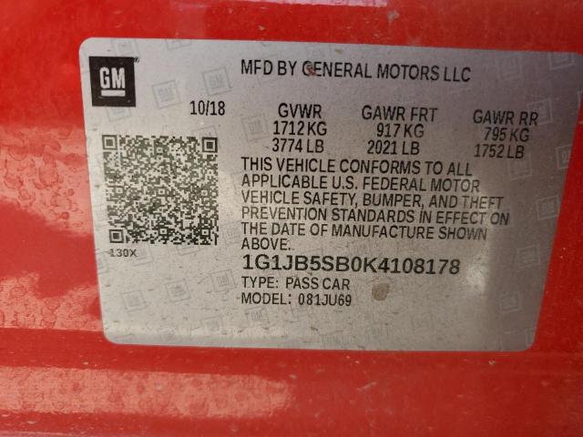 1G1JB5SB0K4108178 - 2019 CHEVROLET SONIC LS RED photo 10